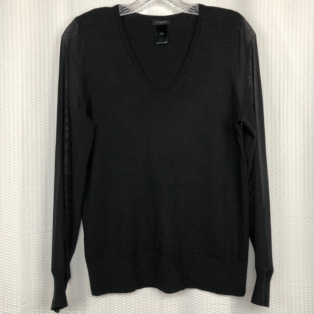 Ann Taylor Black V-Neck w/Sheer Sleeves